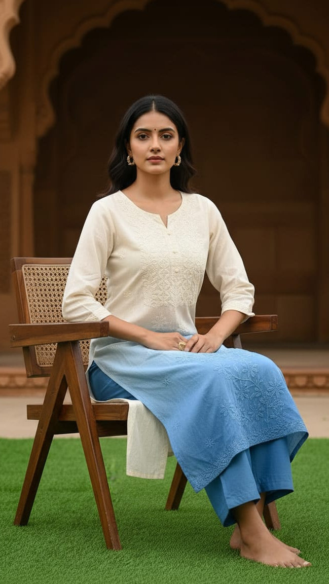 White & Blue Laddies Cotton Kurti