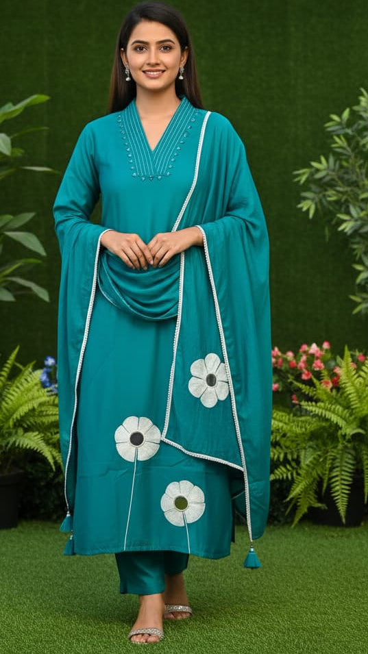 Chiffon Blue Ladies Kurti with Flower Pattern