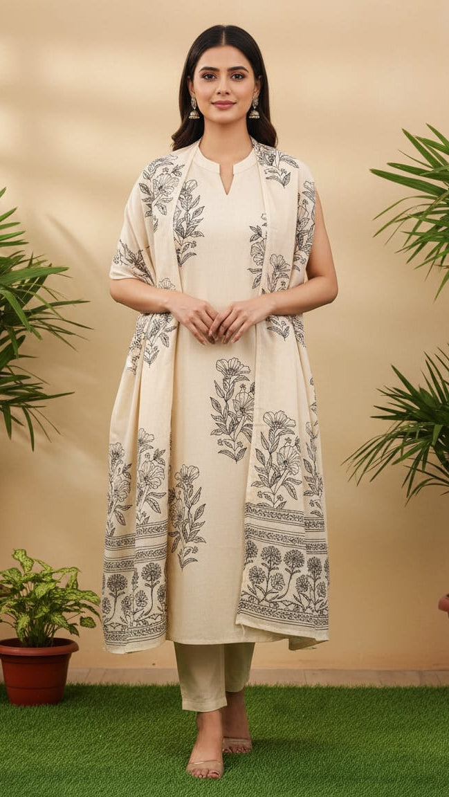 Cotton Beige Sleeveless Kurti with Floral Pattern